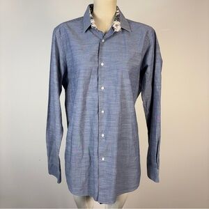 Le31 Simons Slim Elegant Blue Casual Button Down Shirt with Floral Collar 16R
